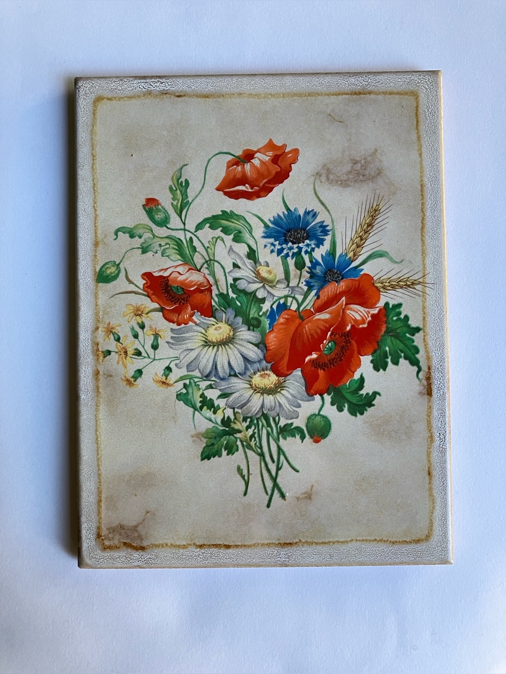 Vintage decorative ceramic tile botanical flower illustration Semigres Italy